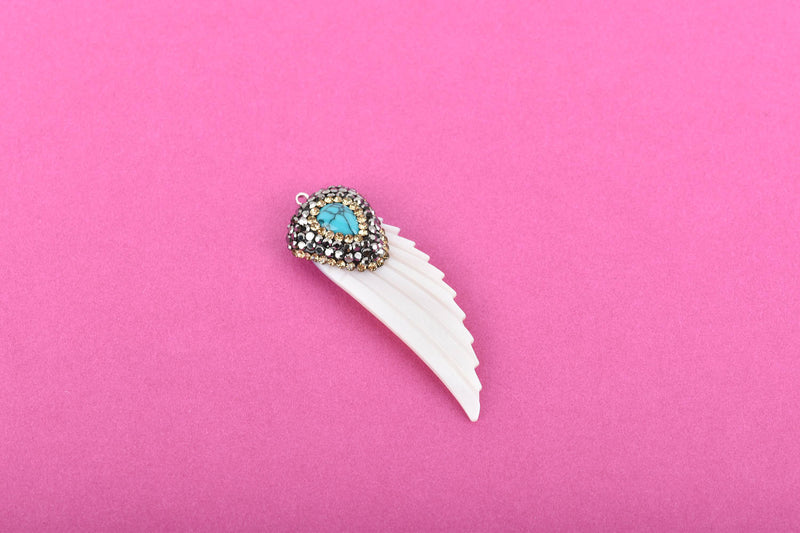 1 White Feather Charm, Feather Pendant made of Carved Shell, Pavé Rhinestones and Faux Turquoise, Handmade, 52x16mm (2") chs2952