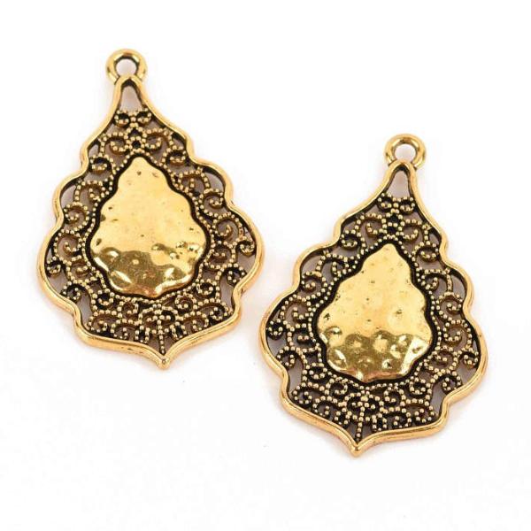 5 Antiqued Gold Charms, fancy Victorian filigree design, teardrop charms, 37x25mm, chs2955