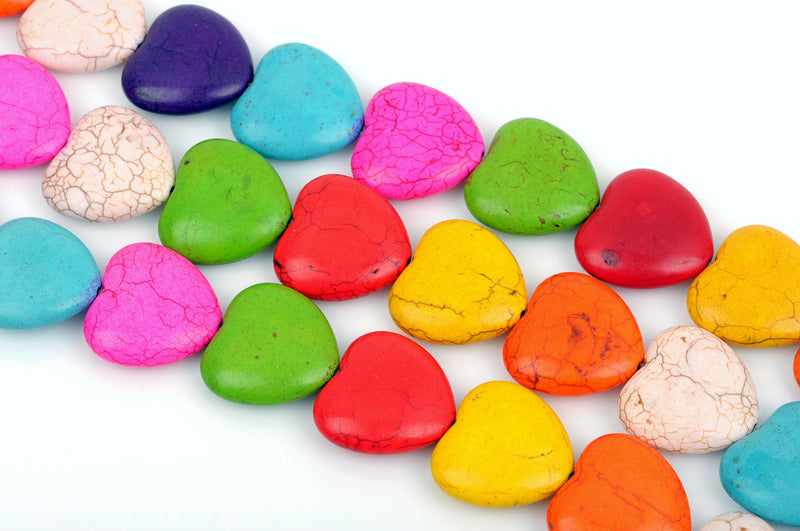 25mm Howlite Heart Beads, MIXED COLORS, Puffy Heart Beads, Puffed Heart Beads, full strand, 17 beads per strand, how0659