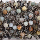 13 feet AMAZONITE GEMSTONE Rosary Chain, gunmetal, 4mm round gemstone beads, fch0617b