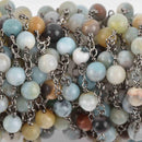 13 feet (4 meters) AMAZONITE GEMSTONE Rosary Chain, gunmetal, 6mm round gemstone beads, fch0619