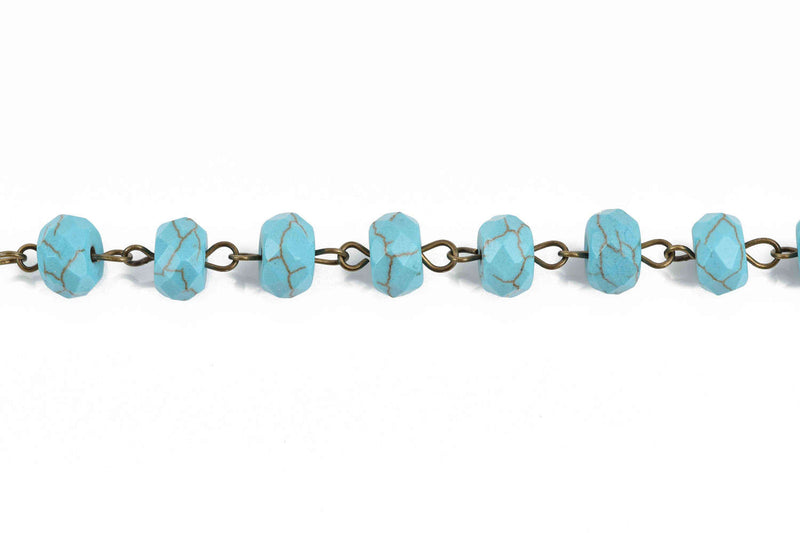 3 feet (1 yard) TURQUOISE BLUE Howlite Rosary Chain, bronze wire links, 10mm RONDELLE stone bead chain, fch0623a