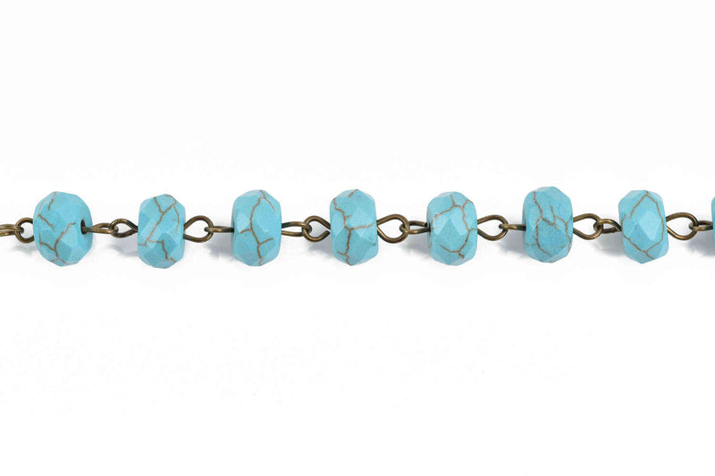 13 feet (4.33 yards) TURQUOISE BLUE Howlite Rosary Chain, bronze wire links, 10mm RONDELLE stone bead chain, fch0623b