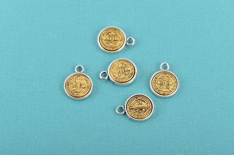 5 Religious Medal Charms, Gold and Silver Relic Charm Pendants, double sided Patron Saint charms, 19x14mm, chs2965