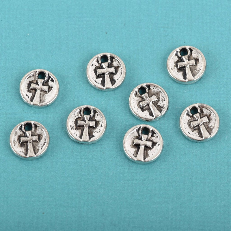 10 Silver CROSS Dot Charms, relic charms, round coin charms, 10mm, chs2967
