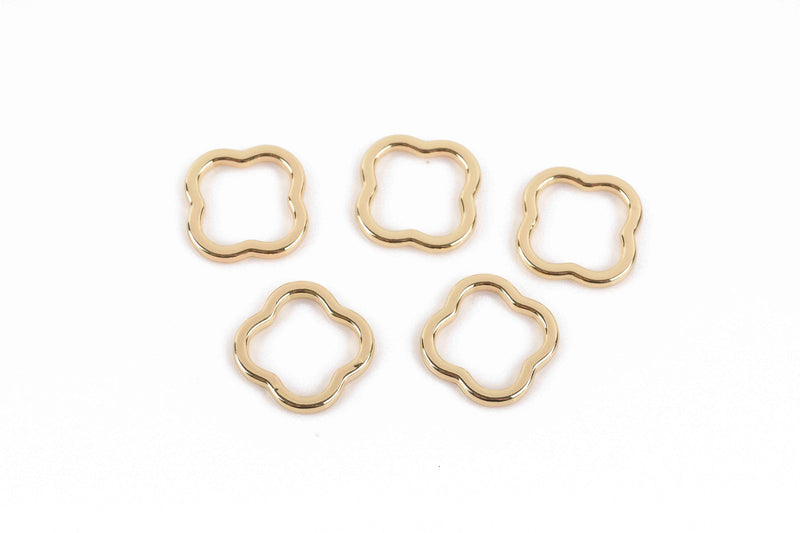 5 Gold Plated QUATREFOIL Flower Charms, Gold Connector Links, Open Wire Charms, 16mm, chs2974