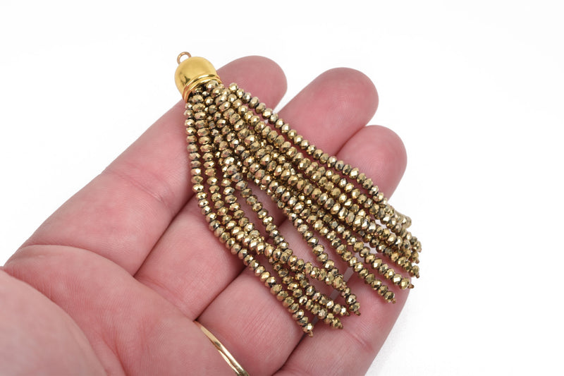 Crystal Bead Tassel Charm Pendant, Metallic Gold Plated Crystals with GOLD cap, about 3" long chg0577