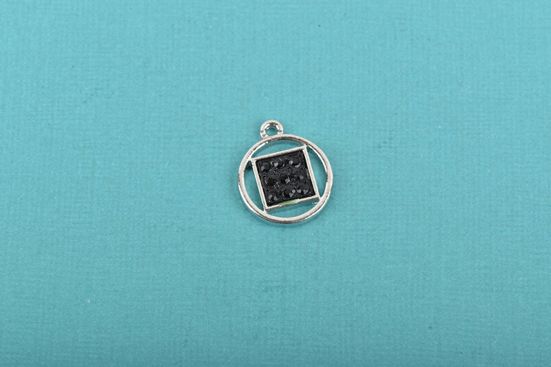 3 Silver Plated SQUARE in CIRCLE Geometric Charms, black rhinestones, 18mm dia, chs2981