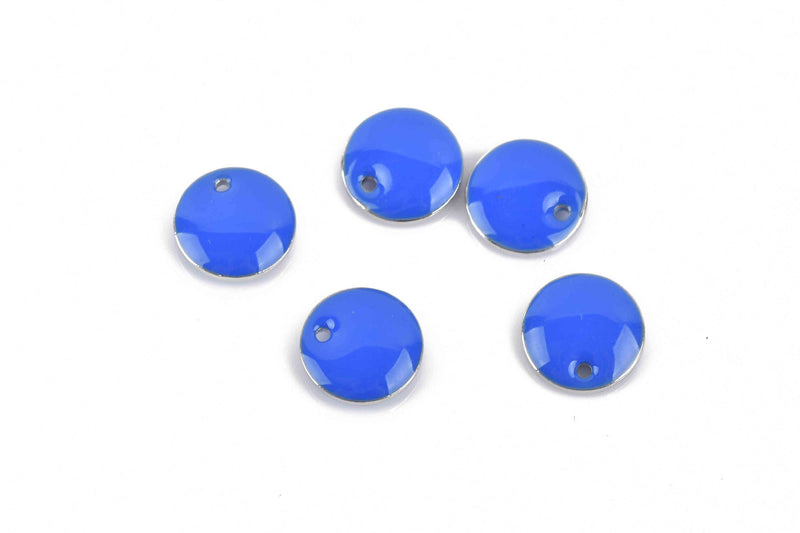 5 BLUE Enamel Dot Charms, Silver  Round Circle Sequin Charms, double sided, 10mm (3/8") chs2984