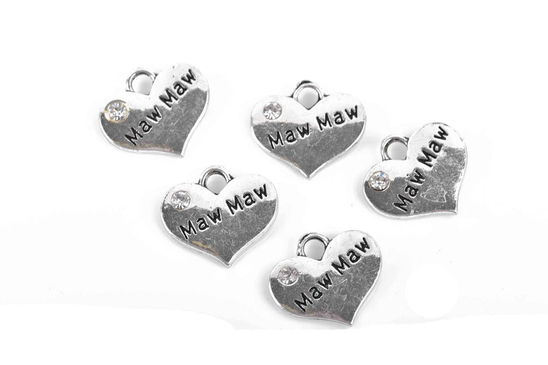 1 Silver Tone Rhinestone " Maw Maw" Heart Charm Pendants 16x14mm (5/8"x1/2") chs2995