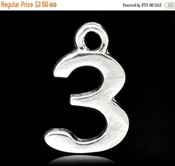 6 Silver Plated Number 3 (three) Charms, 16mm tall, about 5/8" chs2424