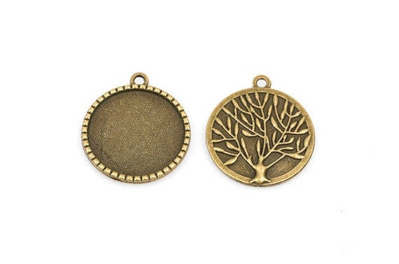 5 Large Bronze TREE OF Life Charm Pendants, Cabochon Bezel Tray, fits 25mm (1") round cabs chb0363