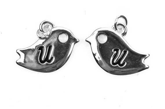 Monogram U Silver plated BIRD lower case letter charm, personalized alphabet monogram, double sided charm, 16x12mm, chs2512