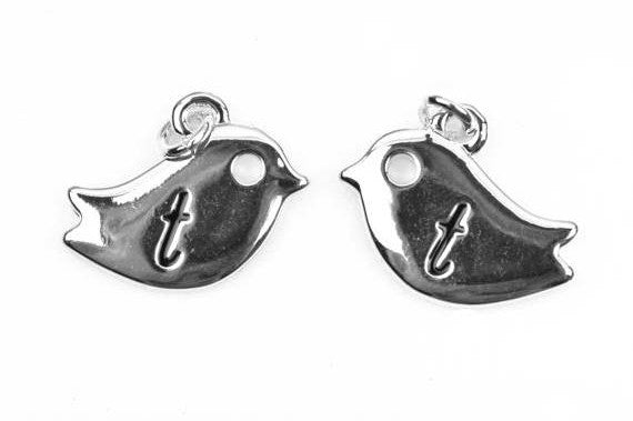 Monogram T Silver plated BIRD lower case letter charm, personalized alphabet monogram, double sided charm, 16x12mm, chs2511