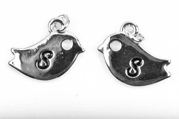 Monogram S Silver plated BIRD lower case letter charm, personalized alphabet monogram, double sided charm, 16x12mm, chs2502