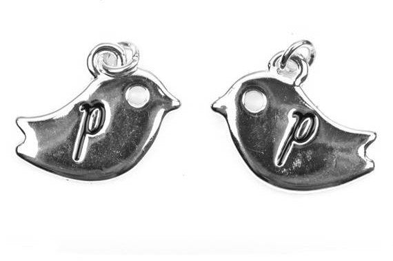 Monogram P Silver plated BIRD lower case letter charm, personalized alphabet monogram, double sided charm, 16x12mm, chs2509