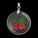 2 Acrylic Pendants, Natural REAL FLOWERS, Coral Red with leaves, circle disc shape, silver bail, cha0144