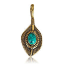 2 Gold Feather Charm Pendants, faux turquoise cabochon, gold oxidized plated metal, 37x15mm, chg0512