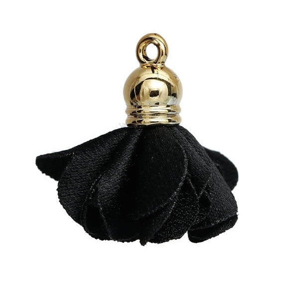 5 pcs MIDNIGHT BLACK Flower Rose Opaque Polyester Fabric Tassel Charm Pendants, gold plated base 27mm long (about 1-1/8") cho0177