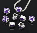 2 Silver Metal and Enamel Fuchsia PURPLE PAW Print Charm European Bead for large hole European chains  bme0234