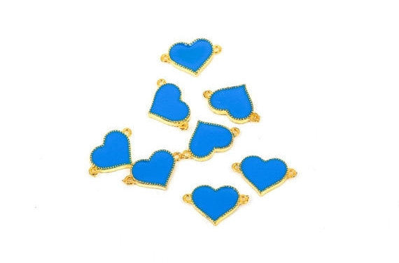 2 BLUE and GOLD Heart Enamel and Metal Connector Charms  che0459