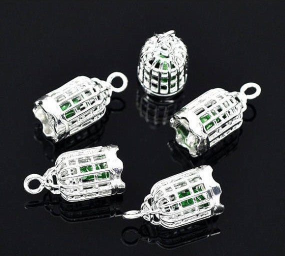 Silver Plated Green Bird Parrot In Bird Cage Birdcage 3D 3-D Charm Pendant chs0859