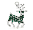 1 Silver Green RHINESTONE REINDEER Christmas Charm Pendant . green pave crystals  chs0949