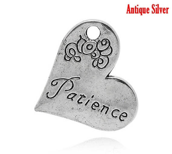 4 PATIENCE Floral Heart Charm Pendants . stamped . chs0860