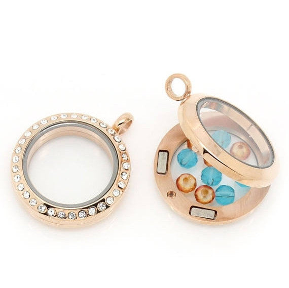 1 Rhinestone Floating Locket Pendant, magnetic clasp,  rose gold plated over stainless steel, rhinestones, glass front and back cho0049