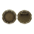10 Antiqued Bronze Brooch Pin with Bezel Cabochon Tray, 1" Bezel Tray (fits 25mm) pin blanks, pin0086
