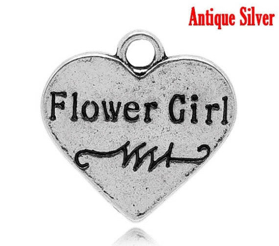 4 Silver Tone Metal Pewter "FLOWER GIRL" Heart Charm Pendants  17mm x 16mm  chs0990