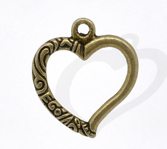 4 Antique Bronze Metal OPEN HEART Charm Pendants with carved, swirl texture design. Chb0052