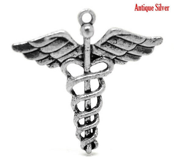 2 Large Silver Tone CADUCEUS RN Nurse Doctor Medical Charm Pendants chs1835