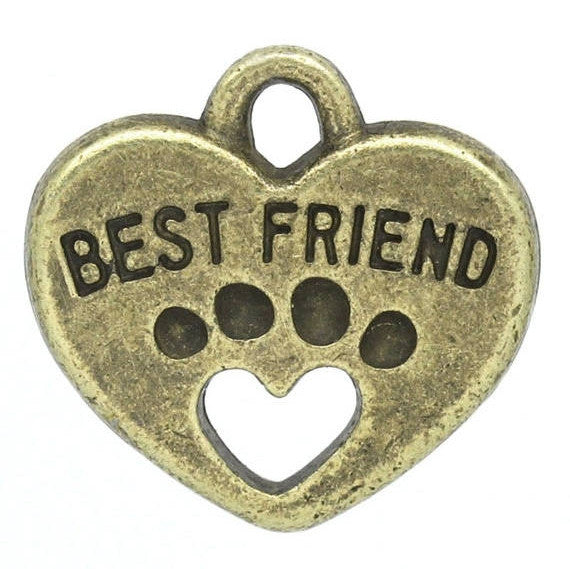 5 Antique Bronze BEST FRIEND Paw Print Heart Charm Pendants  chb0272