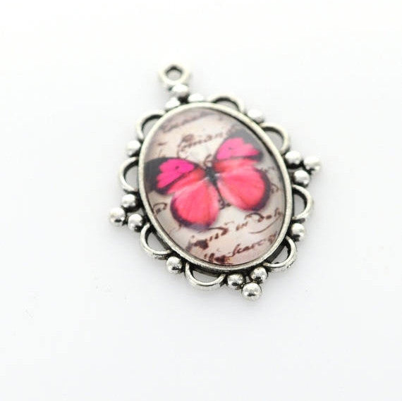 Glass Butterfly Cabochon in a Silver Setting, bright pink, pendant charm cab0017