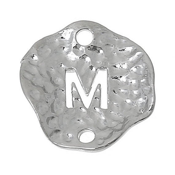 5 Silver letter M connector Charms, Monogram M Charms, Alphabet, hammered metal, 1/2" diameter domed connector links, findings, chs2366