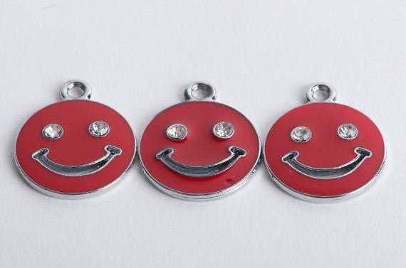 4 Smiley Face Charms, enamel and rhinestones, RED  che0111