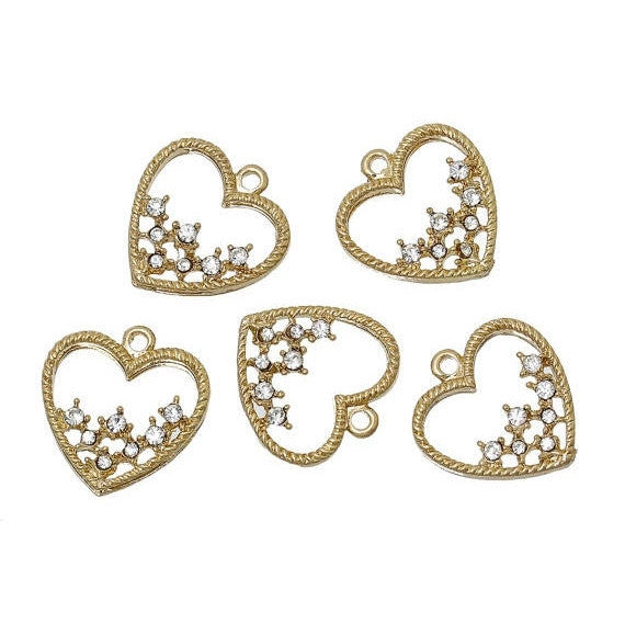 5 GOLD HEART Charms or Pendants . Gold Plated with rhinestone accents, 7/8" chg0316