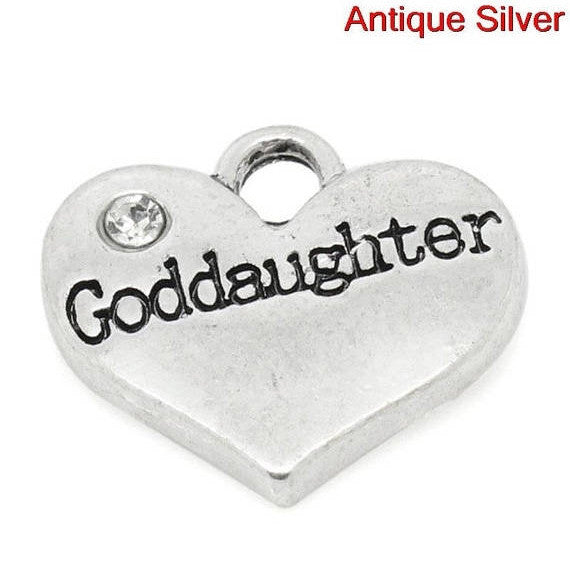 20 "Goddaughter" Heart Charms Antique Silver Rhinestone Pendant 16x14mm, chs2231b