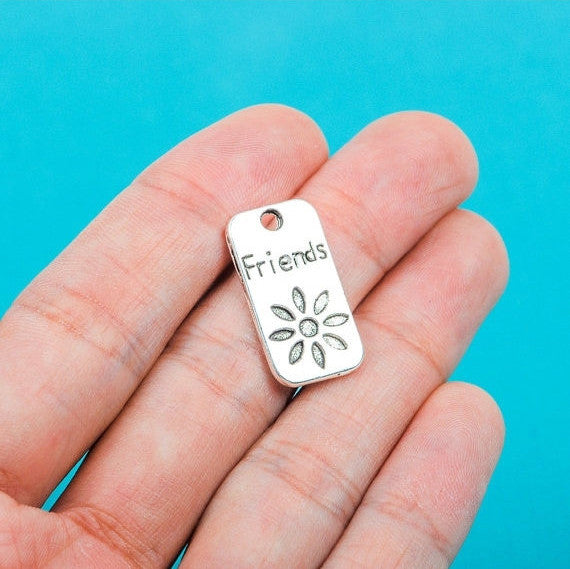 10 Stamped Rectangle Tag Charm  Silver Tone Metal "Friends" Flower chs0283