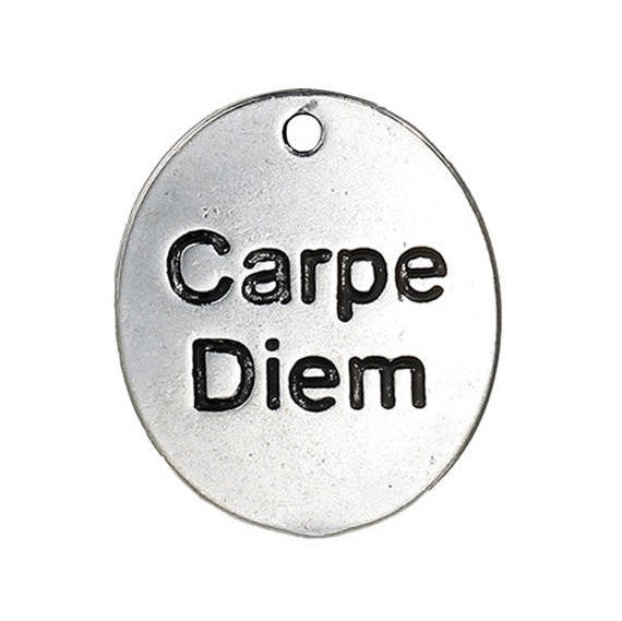 5 Large CARPE DIEM Oval Charm Pendants, Stamped Medallion, Quote Charms, Affirmation Charms, Seize the Day quote, 1-1/8" chs2523