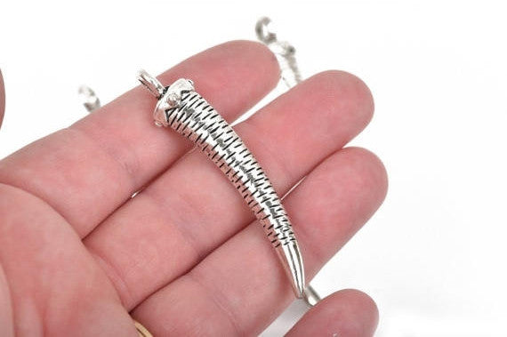 4 Large HORN or CLAW Tusk Charm Pendants, silver oxidized, 60mm long, 2-3/8" chs2539
