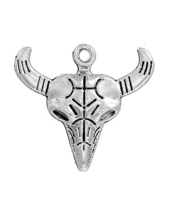 10 Silver Tone Metal Longhorn COW SKULL Charms or Pendants, 28x26mm, chs1158