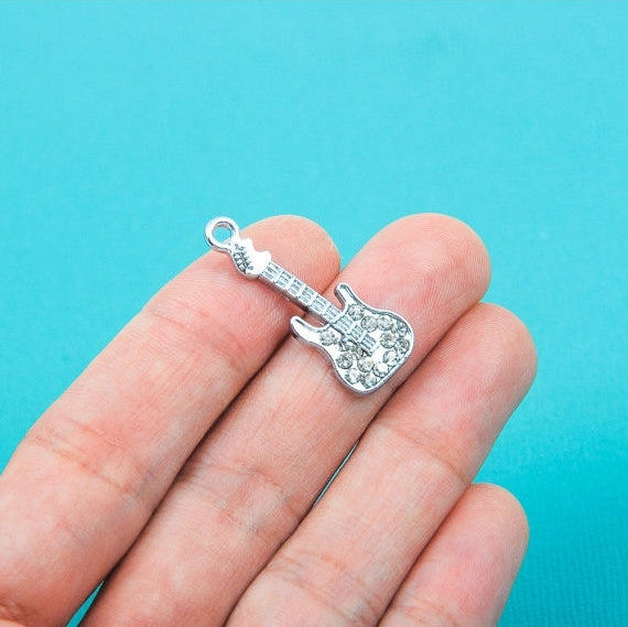 1 Silver Metal RHINESTONE ELECTRIC Guitar Charms or Pendants   chs0046a