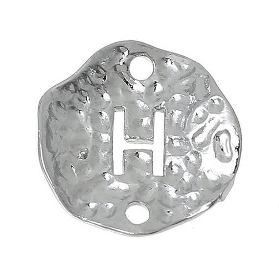 5 Silver letter H connector Charms, Monogram H Charms, Alphabet, hammered metal, 1/2" diameter domed connector links, findings, chs2364