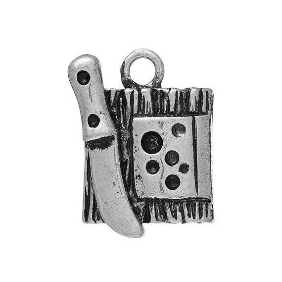 2 CHEESE TRAY Charms, cutting board and knife, cheese, antique silver tone metal, chs1849
