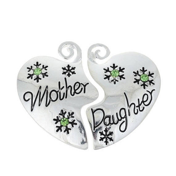 2 Sets Silver MOTHER and DAUGHTER Heart Charm Pendants, Green Rhinestones,  chs2314