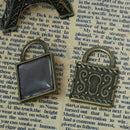 10 Key Lock Locket Antiqued Bronze Pendant Square, 3/4" 20x20mm Bezel Tray for charms, jewelry, key chains,  resin,  chb0498