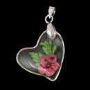 2 Acrylic Pendants, Natural REAL FLOWERS, Pink with leaves, heart shape, silver bail, cha0145