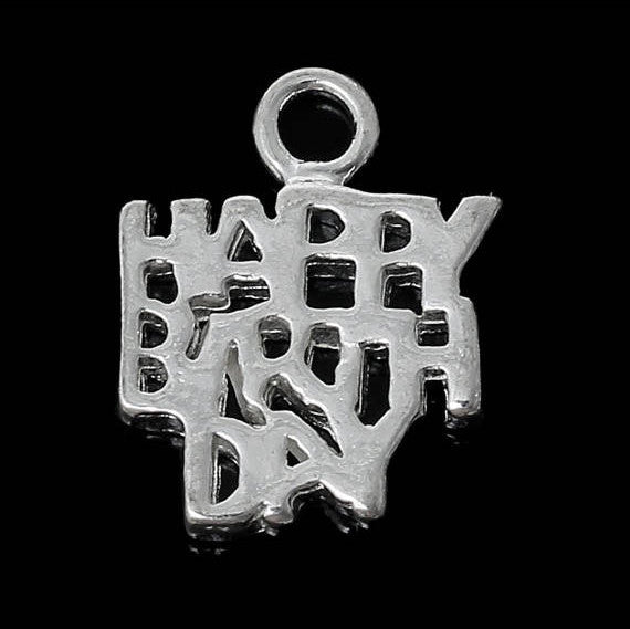 HAPPY BIRTHDAY Silver Plated Charm . 16mm, 5pcs, chs1838